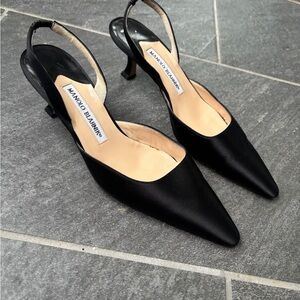 Manolo Blahnik Black Satin Slingback Kitten Heels